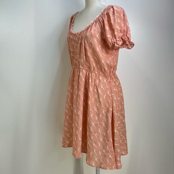 Morgan Lane Ava Mini Silk Dress Peony Pink Blush Printed Bird Motif - Picture 7 of 10